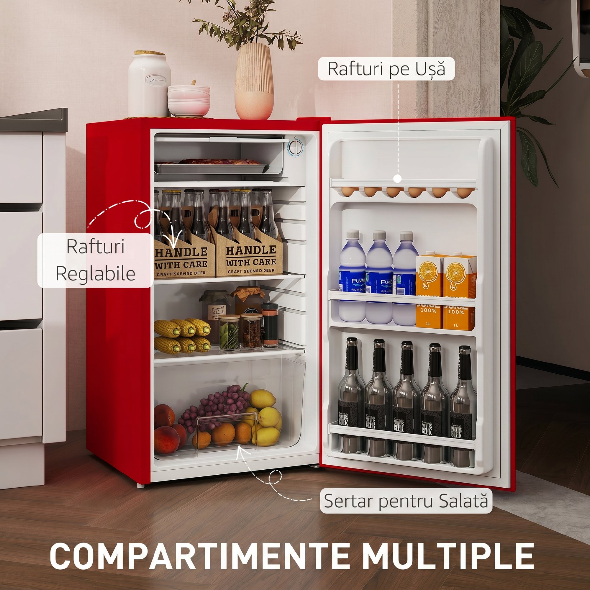 HOMCOM Frigider mic de 91L cu o singura usa reversibila, congelator si temperatura ajustabila, Rosu