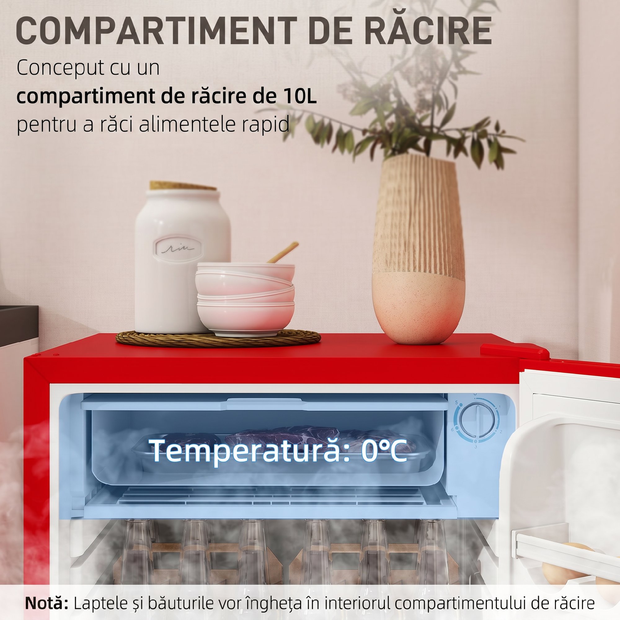 HOMCOM Frigider mic de 91L cu o singura usa reversibila, congelator si temperatura ajustabila, Rosu