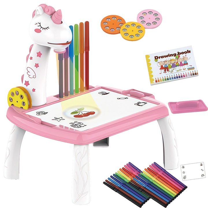 Set pictura si desen cu proiector si sunete, Excitat®, DIY, Jucarii multifunctionale pentru educatie timpurie, Include accesorii, pentru copii +3 ani, roz