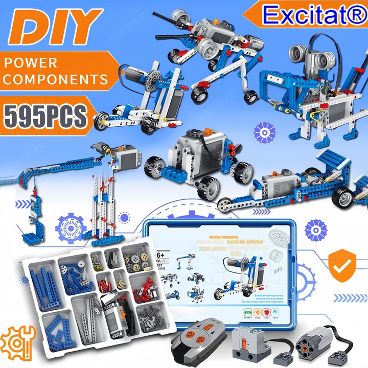 Set Motorizare 595 Piese, Excitat®, proiecte DIY, motor M, telecomanda, blocuri compatibile, creativitate, joc interactiv, mecanica simplificata, viteza reglabila, cadou pentru copii si adulti, Gri/Albastru