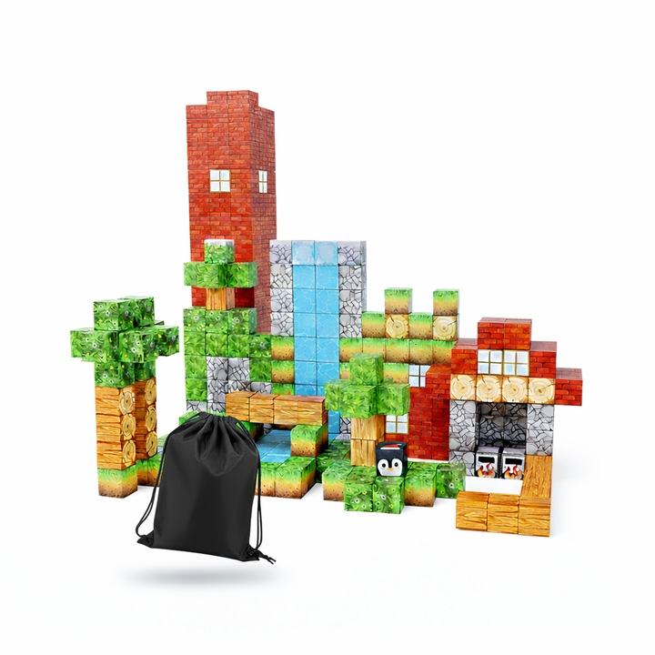 Set Cuburi Magnetice Hopinoo™ – 108 Piese, Constructii 3D STEM, Multicolor, Tematica Natura, Stil Minecraft, Dimensiune Cub 2.5 cm, 3+ Ani