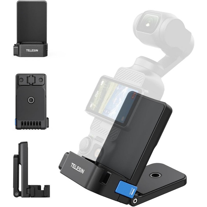 Адаптер за разширение с магнитна стойка за DJI Osmo Pocket 3 TELESIN, регулируема метална дръжка на -180° с отвори за винтове 1/4/Gopro адаптер/студена обувка/дръжка за батерия Pocket 3