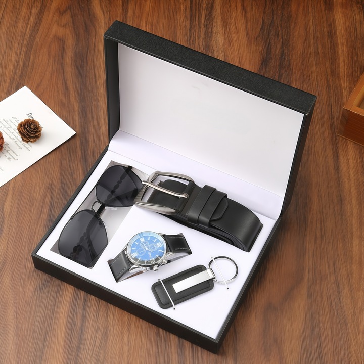 Set cadou pentru barbati, XONGSOR®, Curea + Ceas impermeabil + Ochelari de soare + Breloc + Cutie din lemn, 120cm, 11.5x9.5cm, negru