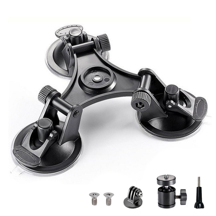 Suport auto cu ventuze triple pentru camere GoPro, AFKSMILE, Pentru Camera GoPro, Dji osmo action 1-6, insta 360 Ace pro 1/2, Rotativ 360°, Plastic, Negru