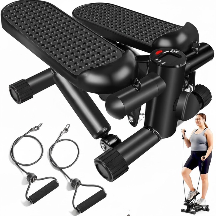 Stepper kötelekkel, BIGLISTENING®, állítható stepper, multifunkcionális stepper csúszásmentes pedálokkal, csúszásmentes fogantyúkkal, multifunkcionális kijelzővel, csendes, telepítés nélkül, használható fitneszhez és testmozgáshoz, 38X30X20cm, fekete