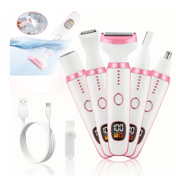 Aparat de Ras Electric TrustTech Profesional Femei, Epilator Corporal Umed / Uscat, 5 tipuri de Lame detasabile, waterproof IPX 7, Trimmer Reincarcabil USB, Aparat ras Dama, 400mAh, 60min autonomie, Epilare Maini, Picioare, Axile, Zona Intima, Alb