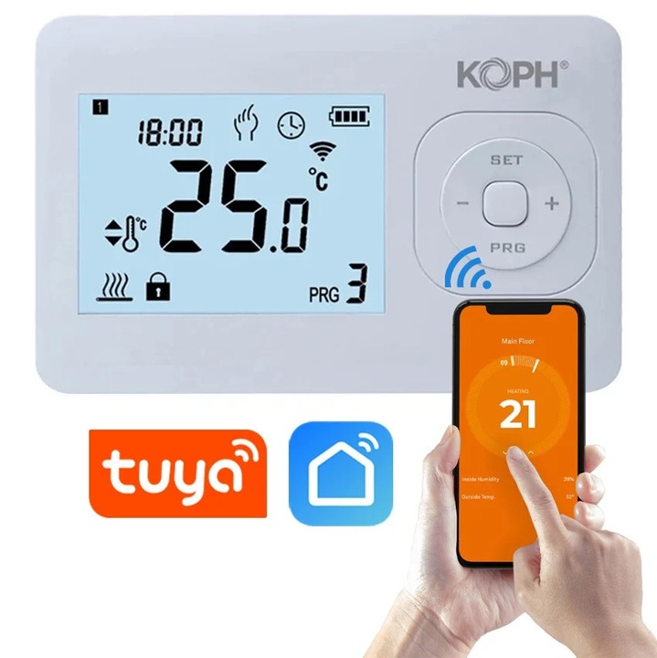 Termostat inteligent KOPH i302 pentru centrale termice, WiFi, Control prin internet, Tuya Smart/Smart Life