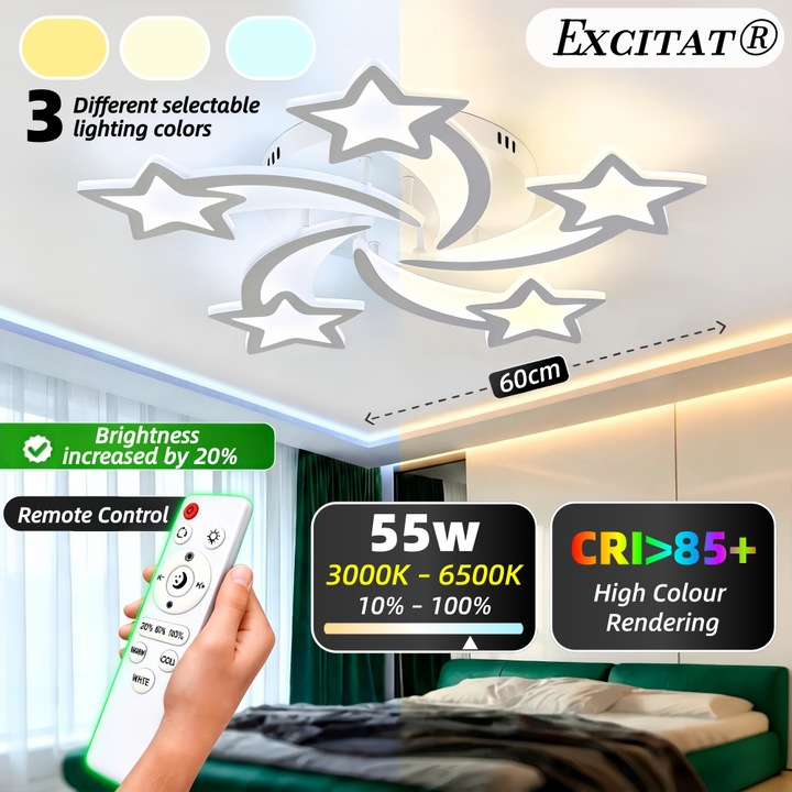 Плафониера с LED със звезден дизайн, Excitat®, Модерна, 3 превключваеми цвята на светлината, защита за очите, енергоспестяваща, подходяща за коридори, кухни, всекидневни и спални