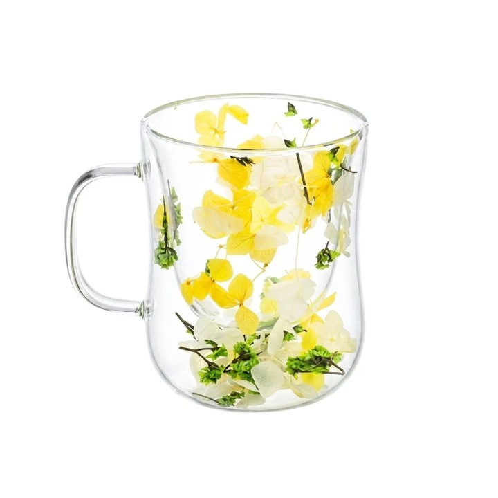 Cana cu insertie de flori uscate alb, galben si verde, hortensie si limonium, pereti dubli, sticla borosilicata, 200 ml, Aurora Bloom