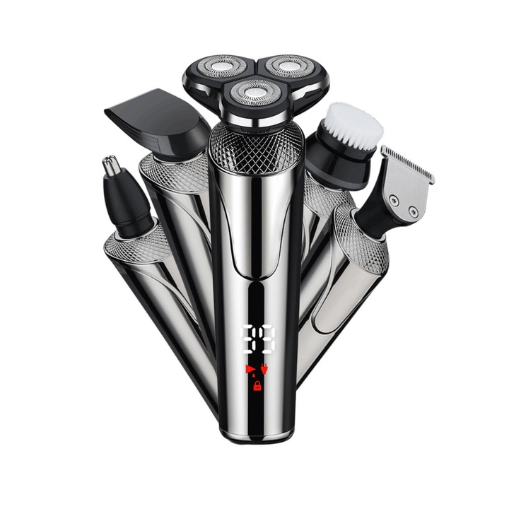 Aparat de Ras Electric Rotativ 5in1, Rezistent la Apa, Acumulator 700mAh, Accesorii Multiple pentru Barba, Par, Trimmer Nazal si Urechi, Perii Masaj Facial