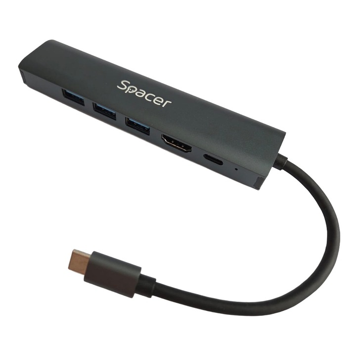 Docking station Spacer 6 în 1, USB 3.0 x 3, RJ45 Gigabit, gri