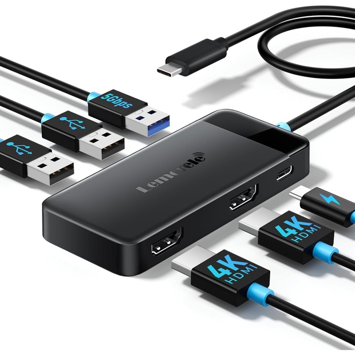 Docking Station Lemorele, Dual Display, 6 in 1 USB C Hub, Adaptor Multiport cu 2x HDMI 4K, USB 3.0 5Gbps si 2x USB 2.0, Incarcare PD 100W, Dock USB C pentru Laptop Dell/Lenovo/HP/MacBook/Surface - Plug and Play
