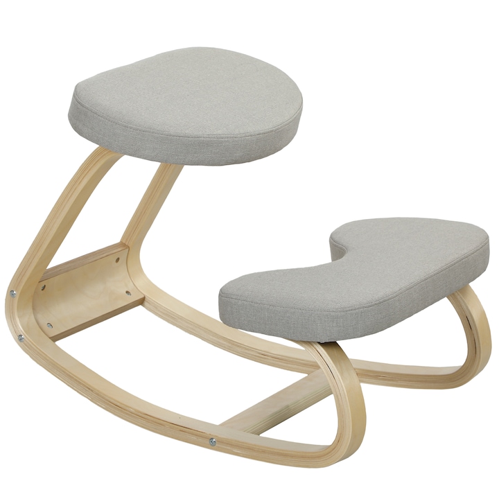 Ергономичен стол HOMCOM, тип за колене, люлеещ се, брезова дървесина, сив, 50x73x55 см