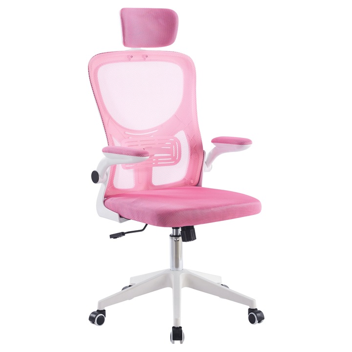 Ергономичен офис стол Invincio Smart Fit, за деца и възрастни до 80 кг, дишаща мрежа, лумбална опора, регулируема облегалка за глава, сгъваеми подлакътници, регулиране на височината и накланяща се облегалка, колела и въртене на 360 градуса, розов