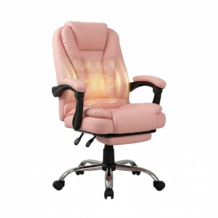 Scaun Directorial, TOPSCAUNE®, Ergonomic si Confortabil, Masaj Vibrator in Perna Lombara USB, Suport Picioare Retractabil, Functie Recliner 90-150°, Cotiere Buretate si Tapitate, Rotativ 360°, Inaltime Reglabila, Baza Metalica, Piele PU, Roz
