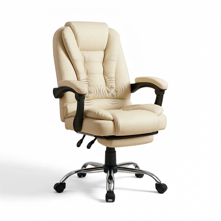 Scaun Directorial, TOPSCAUNE®, Ergonomic Premium, Masaj In Perna Lombara USB, Suport Picioare Retractabil, Cotiere Buretate si Tapitate, Recliner 90-150°, Inaltime Reglabila, Pivotant 360°, Confort Maxim, Piele PU, Bej