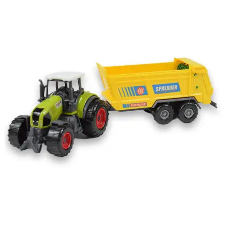 Tractor metalic cu remorca, Toi Toys, utilaj agricol multicolor, 14x27cm roti functionale