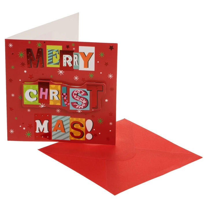 Felicitare Mini de Craciun Rosie cu Detaliu din Folie Stea "Merry Christmas" 9,5x9,5cm & Plic