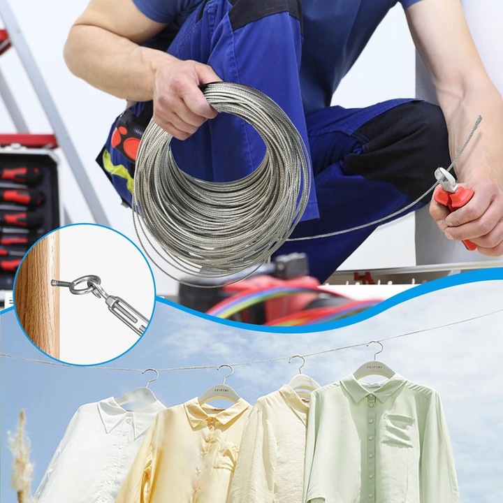 Set cabluri din otel inoxidabil, 30m/3mm, argintiu, 35kg rezistență, cu accesorii de montare
