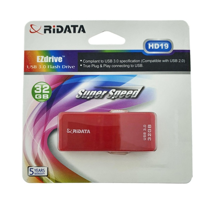 Stick USB 3.0 RiDATA, 32 GB, Conector Retractabil, Roșu