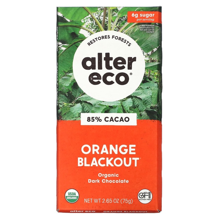 Baton organic de ciocolata neagra, Alter Eco, 85% cacao, 75 g, fara gluten, certificat Fair Trade