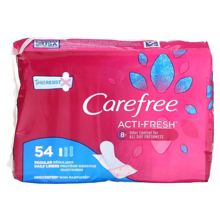 Tampoane zilnice Carefree Acti-Fresh Regular, 54 bucati, bezzapachowe, design Twist Resist