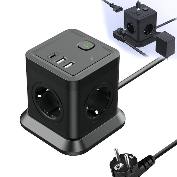 Prelungitor tip turn FooFoony, 4 prize, 2xUSB, 1xType-C, 4000W, 2m, Negru