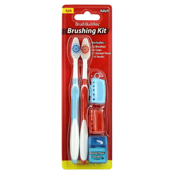 Set de periute de dinti Brush Buddies, 2 periute, 1 fir dentar, captuseli, pentru adulti