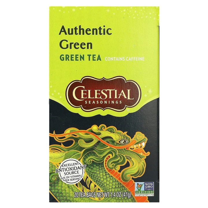 Ceai verde autentic, Celestial Seasonings, 20 plicuri, 41 g, fara gluten, bogat in antioxidanti