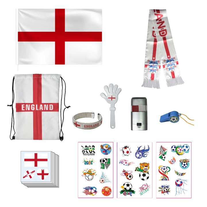 Set suporteri Anglia CM 2026 – 20 piese: drapel, esarfa, rucsac, sacou, bratara, fluier, manusi, zanganeli, vopsea fata lavabila, 13 autocolante