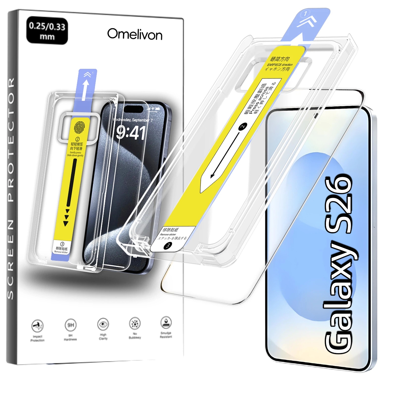 Folie de Protectie pentru Samsung Galaxy S26, Omelivon, Sticla Securizata, cu Kit de Aplicare Instanta si Functie Automata de Indepartare a Prafului, Duritate 9H+, Ultra HD, Anti Amprente