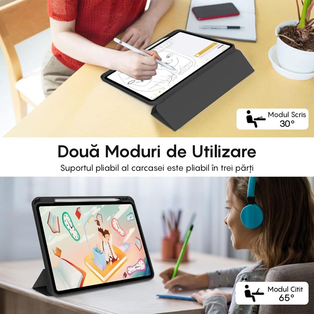 Husa Inteligenta compatibila cu iPad 10th 10.9", MagneticX, CASEY STUDIOS™, Unghiuri Ajustabile, Suport Stylus Pen, Carcasa Flexibila, Functie Auto Sleep/Wake &Touch ID, Subtire si Usoara, Negru