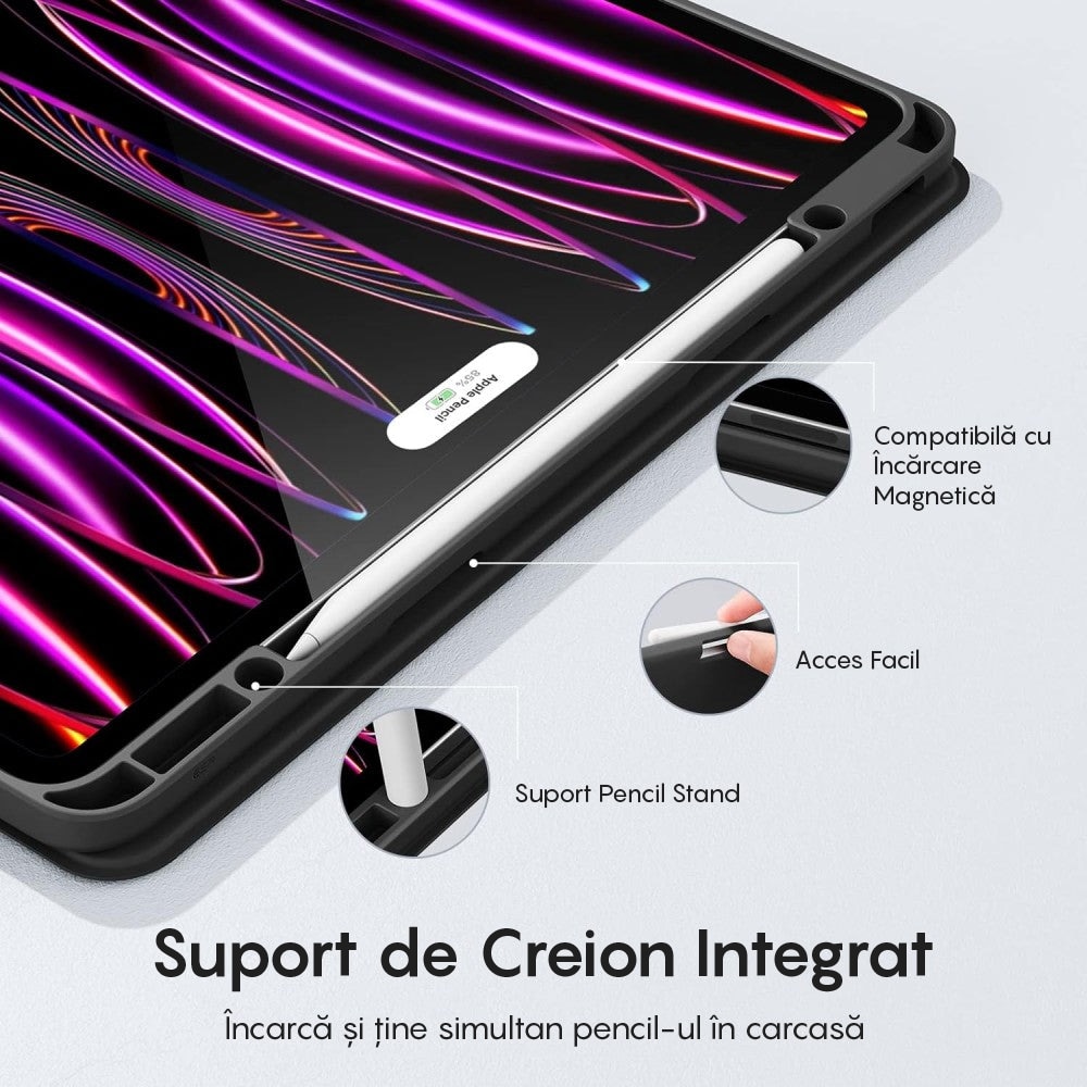 Husa Inteligenta compatibila cu iPad 10th 10.9", MagneticX, CASEY STUDIOS™, Unghiuri Ajustabile, Suport Stylus Pen, Carcasa Flexibila, Functie Auto Sleep/Wake &Touch ID, Subtire si Usoara, Negru
