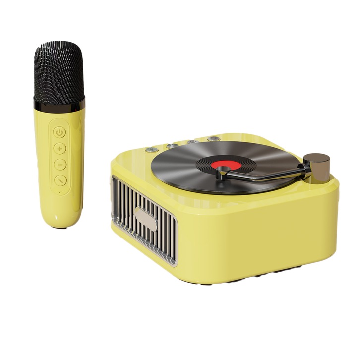 Pickup microfon portabil Bluetooth boxa retro vinil, ORBER, sunet HiFi stereo, microfon wireless dublu, functie de schimbare voce, baterie mare 1200mAh, suport SD/AUX/USB, transmisiuni live, compatibil aplicatii muzica, microfon incorporat，galben