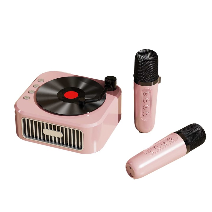 Pickup microfon portabil Bluetooth boxa retro vinil, ORBER, sunet HiFi stereo, microfon wireless dublu, functie de schimbare voce, baterie mare 1200mAh, suport SD/AUX/USB, transmisiuni live, compatibil aplicatii muzica, microfoane duble incorporate，roz