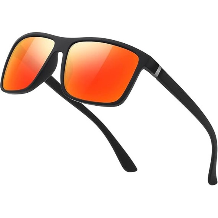 Ochelari de soare polarizati unisex suoso, lentila rosie stil retro, rama neagra ultralight, protectie UV400 pentru condus si activitati outdoor
