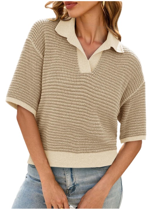 Pulover tricotate, casual de toamna pentru femei, dungate, crop, bloc de culori（10244）, Kaki