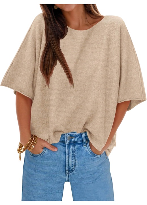 Pulover tricotate, pentru femei cu maneci jumatate, oversize, guler barca（10231）, Kaki