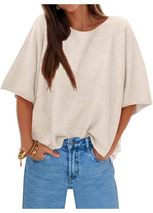 Pulover tricotate, pentru femei cu maneci jumatate, oversize, guler barca（10231）, Bej