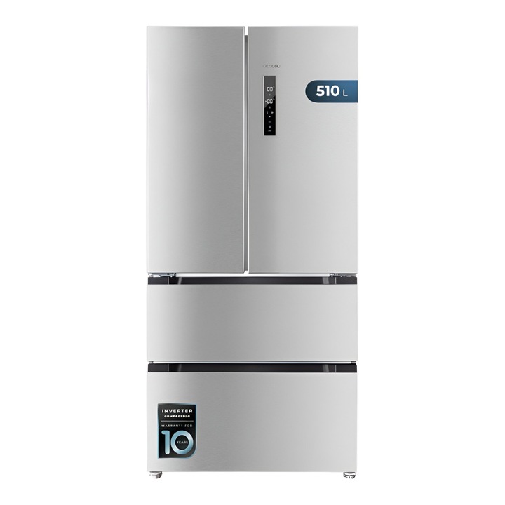 Frigider side by side French Door partial incorporabil Cecotec, Bolero CoolMarket, Total No Frost, 510 litri, H 183 cm, congelator 183 litri, motor Inverter Plus, functii Fast Cooling/Freezing, mod Vacanta, panou touchscreen, inox
