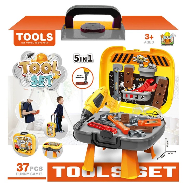 Set de scule pentru copii, Green Leaf, 35 piese, burghie electrica, cutie de depozitare