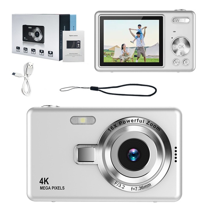 Camera digitala, AFKSMILE, Aparat foto digital Point and Shoot, 4K, 1080P, Display 2.4 Inch, Zoom digital 16x, 50 Mpx, Flash incorporat, Inregistrare si fotografiere, Focalizare automata, Compact portabil, ABS/PC, Argint