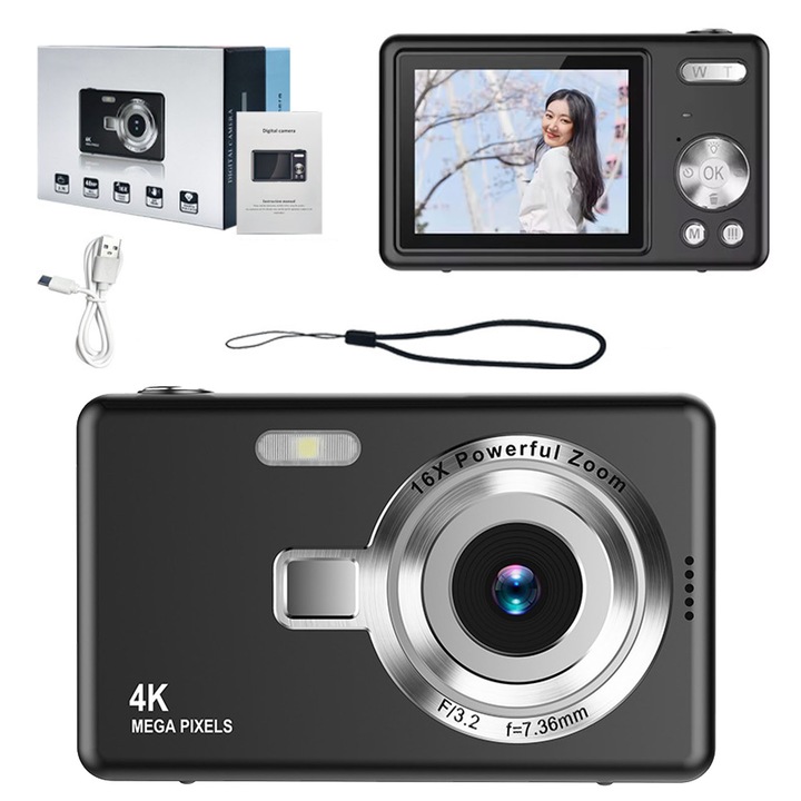 Camera digitala, AFKSMILE, Aparat foto digital Point and Shoot, 4K, 1080P, Display 2.4 Inch, Zoom digital 16x, 50 Mpx, Flash incorporat, Inregistrare si fotografiere, Focalizare automata, Compact portabil, ABS/PC, Negru