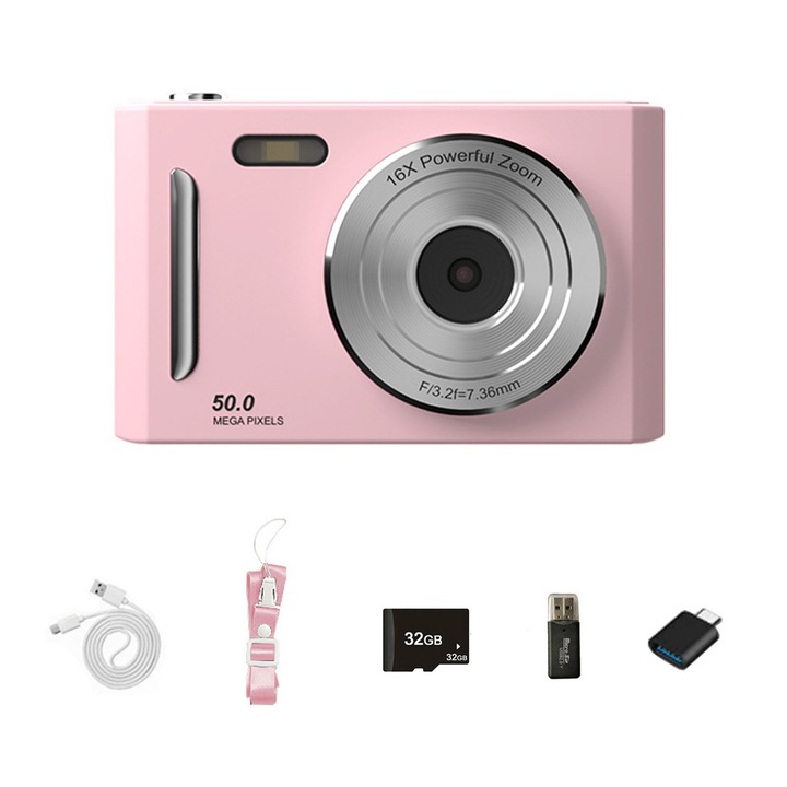 AFKSMILE kompakt digitális fényképezőgép, 50 MP, 16X digitális zoom, rózsaszín, 32G memóriakártyával