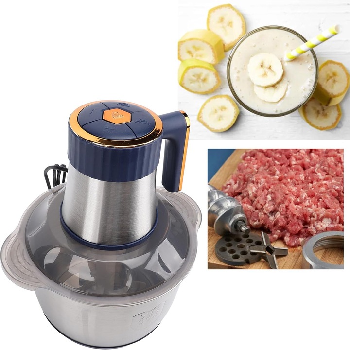 Masina electrica de tocat carne, tocator de alimente de 5 litri, feliator de legume multifunctional din otel inoxidabil, pentru gatit, tocat si amestecat in bucatarie
