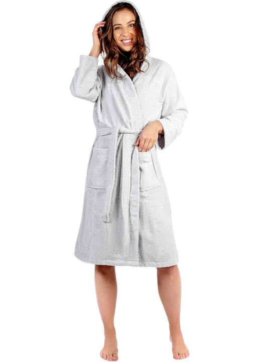 Halat de baie femei TWINZEN, 100% bumbac, gri deschis, S, cu glugă, 350 GSM