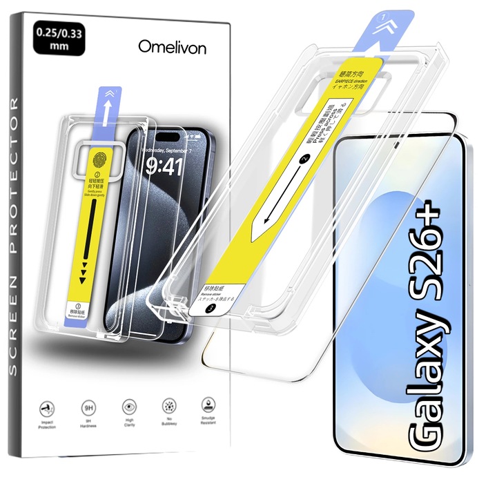 Folie de Protectie Omelivon pentru Samsung Galaxy S26 Plus, Sticla Securizata, Anti Amprente, Set Aplicare