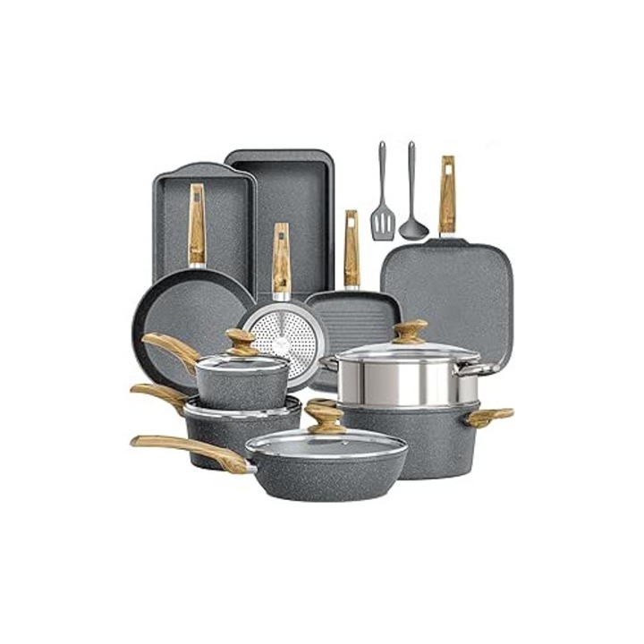 Set vase pentru gatit 17 piese, DishDelight, aluminiu cu strat antiaderent granit, compatibil inductie, manere ergonomice
