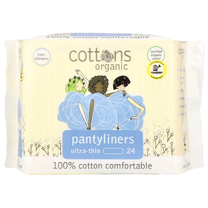 Cottons, set 24 tampoane higienice ultra subtiri, 100% bumbac organic, hipoalergenic, 152x68mm