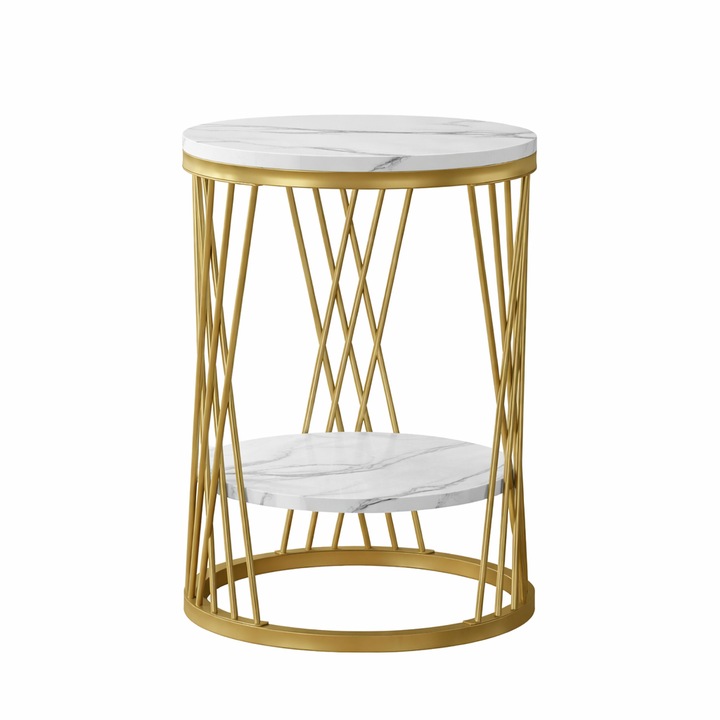 Masuta laterala rotunda, Blackswan Design Model Rina, imitatie marmura alb/ auriu, 45x45x60 cm